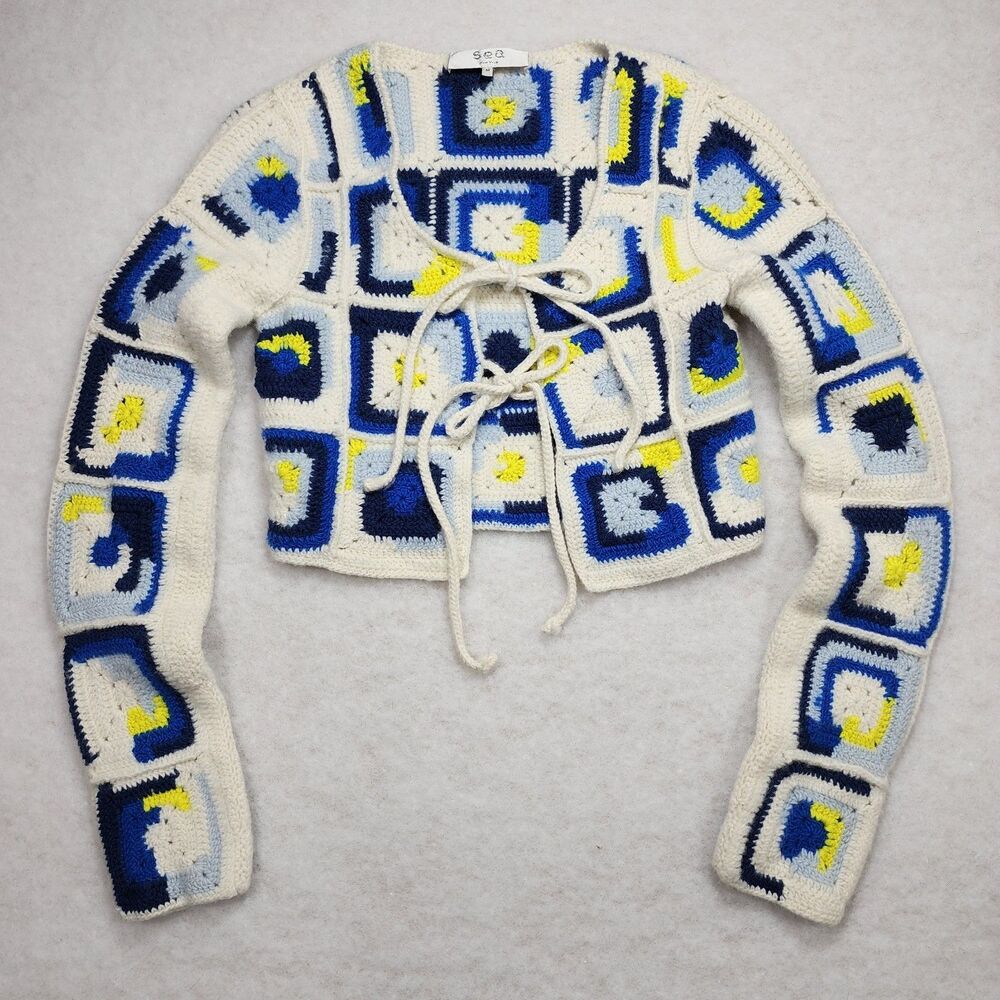 Sea New York Crochet Cardigan Granny Square Wool Knit Sweater Boho Festival Sz M
